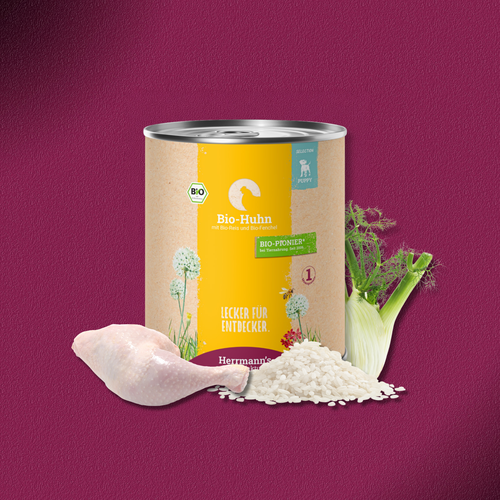 30x800g Herrmann's Manufaktur Selection Puppy Bio Huhn mit Reis und Fenchel