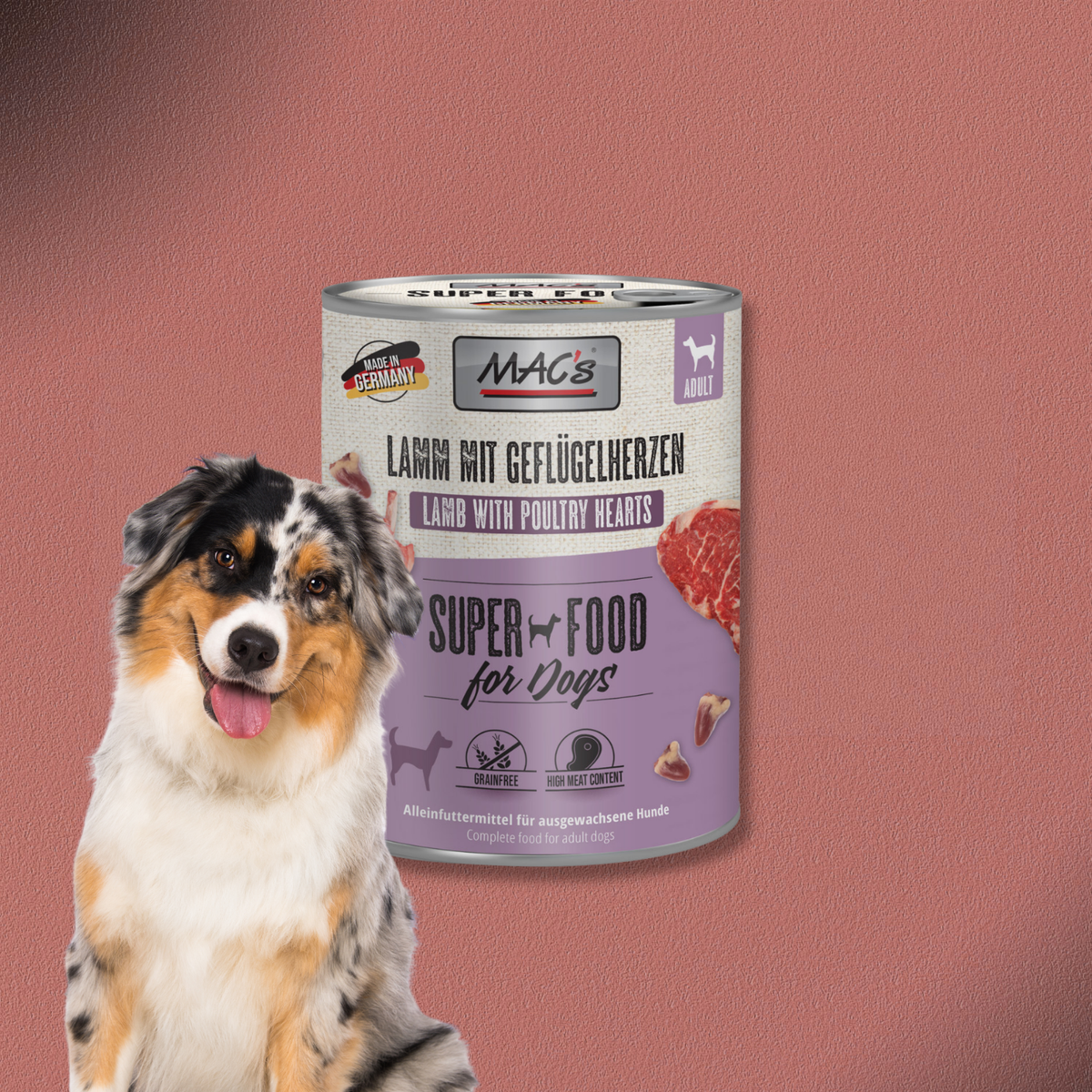 6 x 800g MAC's Dog Lamm mit Geflügelherzen