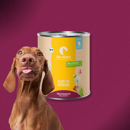30x800g Herrmann's Manufaktur Selection Puppy Bio Huhn mit Reis und Fenchel