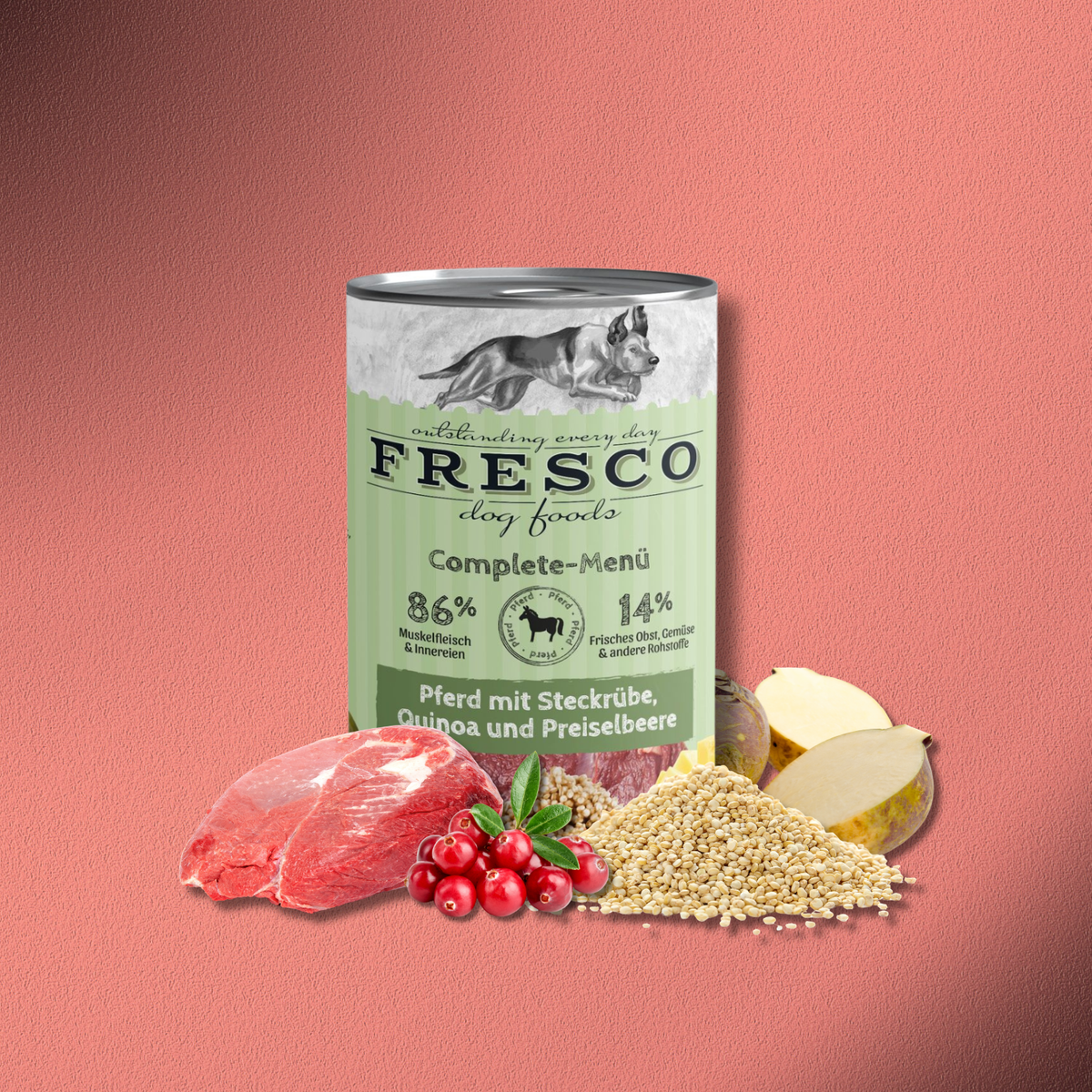 12x400g Fresco Complete Menü Pferd mit Steckrübe, Quinoa und Preiselbeeren