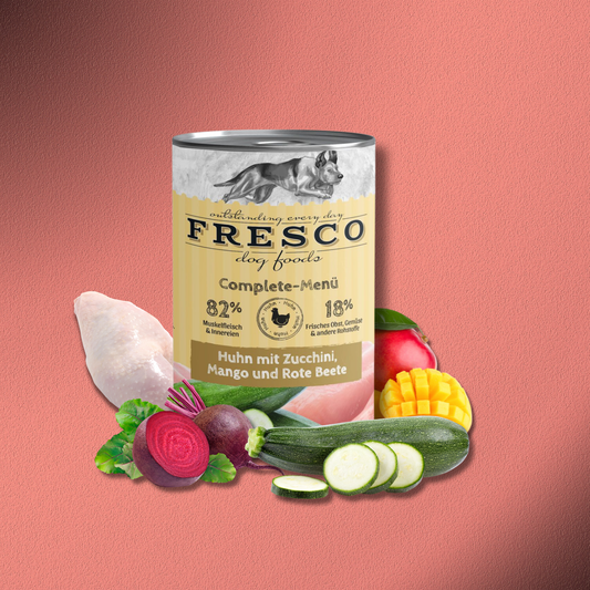 12x400g Fresco Complete Menü Huhn mit Zucchini, Mango und Rote Beete