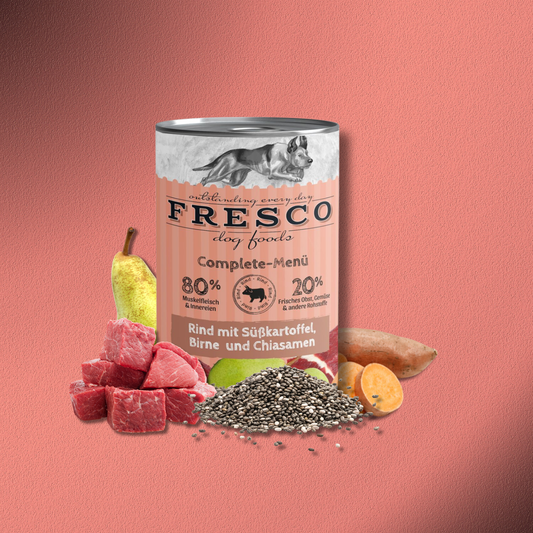 12x400g Fresco Complete Menü Rind mit Süßkartoffeln, Birne & Chiasamen