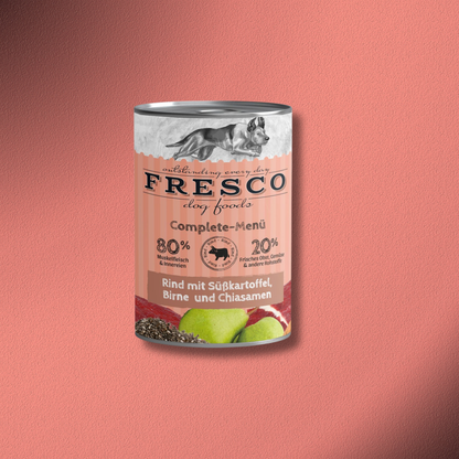 12x400g Fresco Complete Menü Rind mit Süßkartoffeln, Birne & Chiasamen