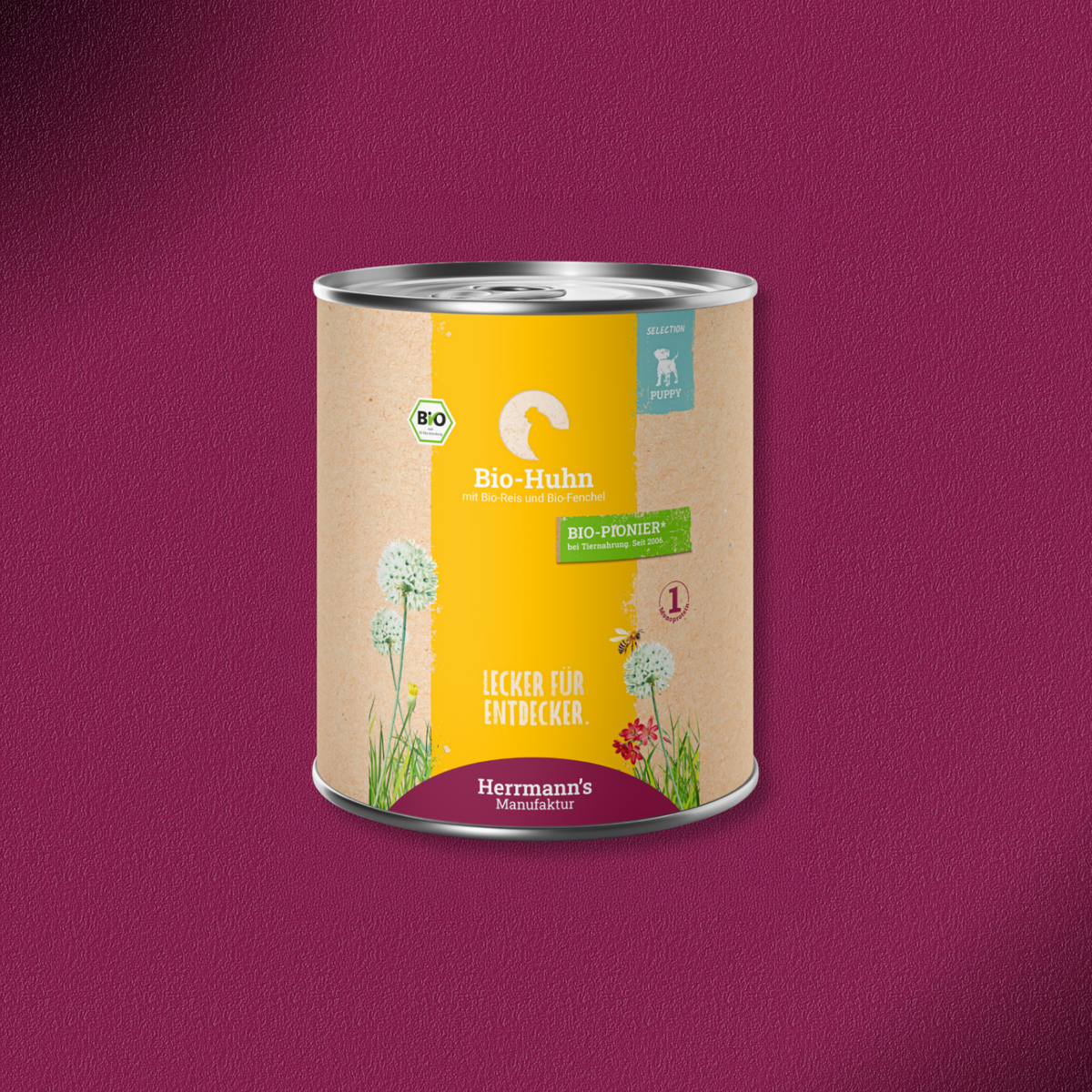 30x800g Herrmann's Manufaktur Selection Puppy Bio Huhn mit Reis und Fenchel