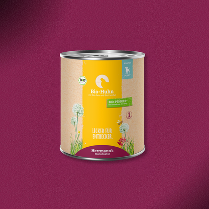 30x800g Herrmann's Manufaktur Selection Puppy Bio Huhn mit Reis und Fenchel