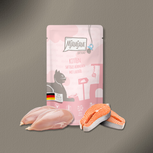 36x125g MjAMjAM - Quetschie Kitten saftiges Hühnchen mit Lachsöl