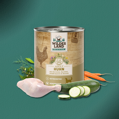 30x800g Wildes Land Adult Huhn mit Karotten, Zucchini, Wildkräutern & Distelöl