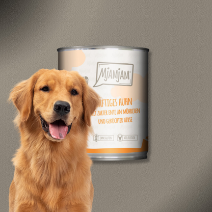 6x800g MjAMjAM Dog -  Leckere Mahlzeiten - Saftiges Huhn mit zarter Ente an Möhrchen und gekochter Hirse
