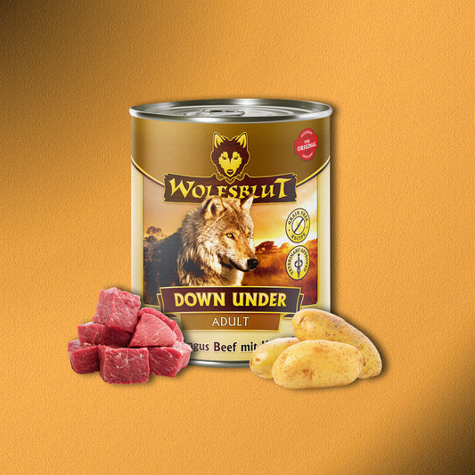 6 x 800g Wolfsblut Down Under Adult – Black Angus Beef mit Kartoffeln