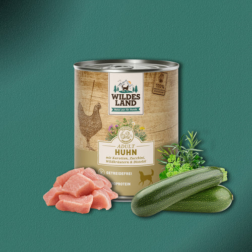 30x800g Wildes Land Huhn mit Karotten, Zucchini, Wildkräutern und Distelöl