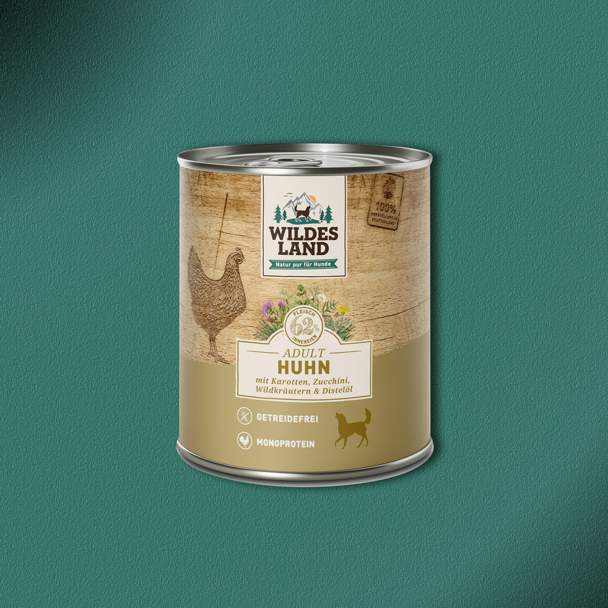 30x800g Wildes Land Huhn mit Karotten, Zucchini, Wildkräutern und Distelöl