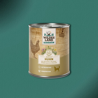 30x800g Wildes Land Huhn mit Karotten, Zucchini, Wildkräutern und Distelöl